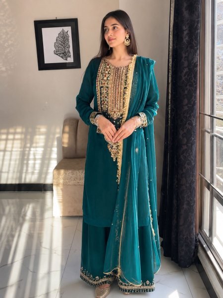 Sophisticated Teal Green Fox Georgette Palazzo Suit with Coding Embroidery Sequins Work Ready To Wear Suit