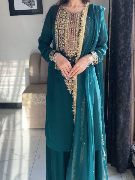 Sophisticated Teal Green Fox Georgette Palazzo Suit with Coding Embroidery Sequins Work Ready To Wear Collection