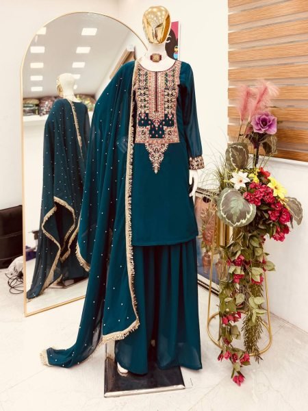 Sophisticated Teal Green Fox Georgette Palazzo Suit with Coding Embroidery Sequins Work Ready To Wear Collection