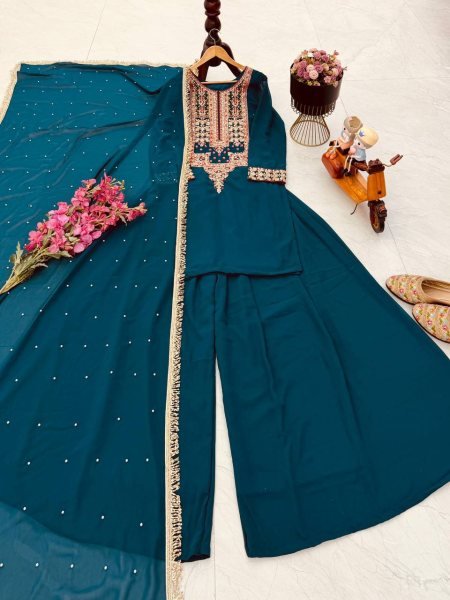 Sophisticated Teal Green Fox Georgette Palazzo Suit with Coding Embroidery Sequins Work Ready To Wear Collection