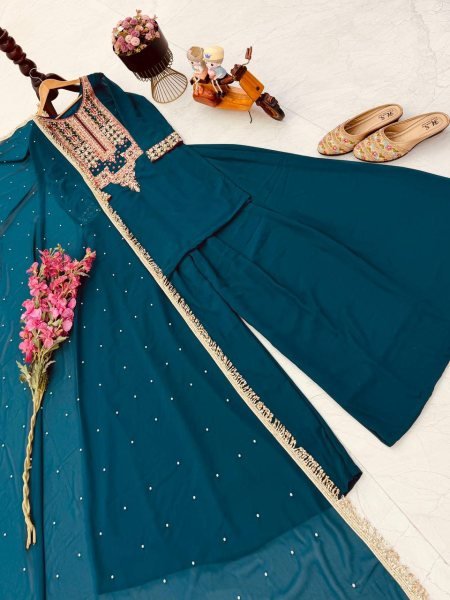 Sophisticated Teal Green Fox Georgette Palazzo Suit with Coding Embroidery Sequins Work Ready To Wear Collection