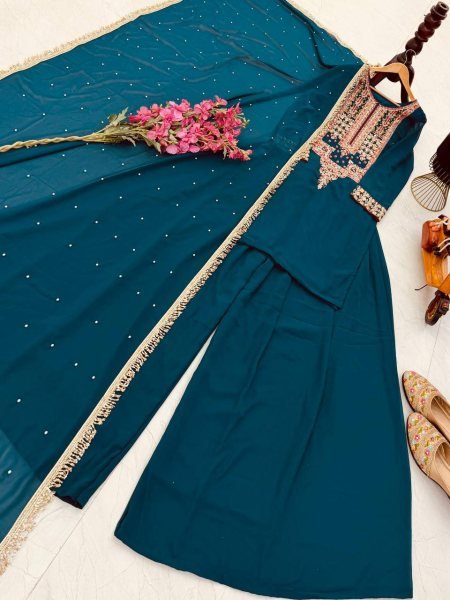 Sophisticated Teal Green Fox Georgette Palazzo Suit with Coding Embroidery Sequins Work Ready To Wear Collection