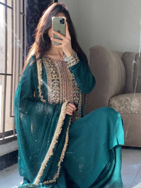 Sophisticated Teal Green Fox Georgette Palazzo Suit with Coding Embroidery Sequins Work Ready To Wear Collection