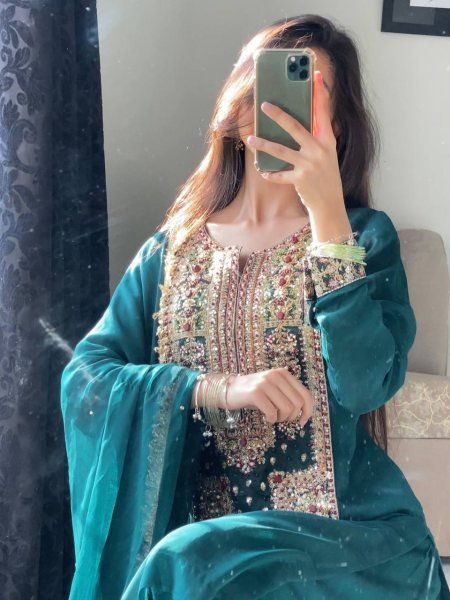 Sophisticated Teal Green Fox Georgette Palazzo Suit with Coding Embroidery Sequins Work Ready To Wear Collection