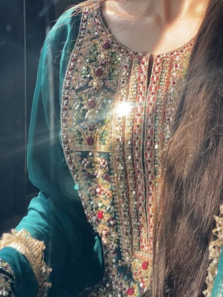 Sophisticated Teal Green Fox Georgette Palazzo Suit with Coding Embroidery Sequins Work Ready To Wear Collection