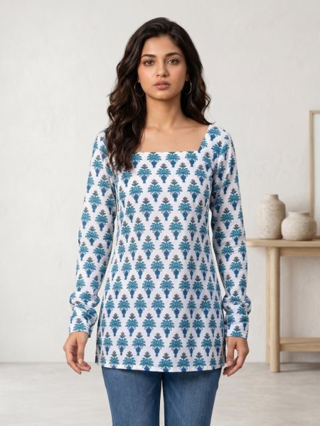 Sophisticated White Blue Print Stylish Cotton Straight Cut Kurti for Daily Wear Kurtis