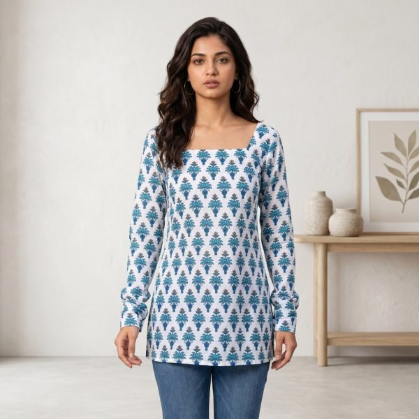 Sophisticated White Blue Print Stylish Cotton Straight Cut Kurti for Daily Wear Full Set Kurti