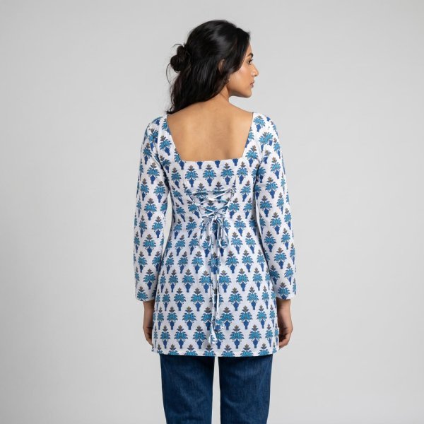 Sophisticated White Blue Print Stylish Cotton Straight Cut Kurti for Daily Wear Full Set Kurti