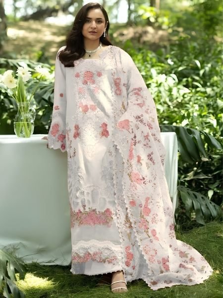 Sophisticated White Designer Chikankari Cotton Suit with Printed Maslin Dupatta 
