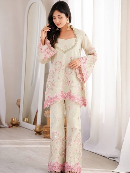 Sophisticated White Festive Wear HO Silk Co Ord Set with Bell Sleeves and Pant 