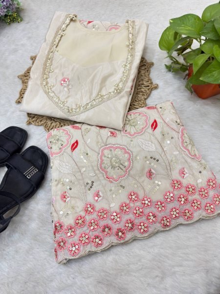 Sophisticated White Festive Wear HO Silk Co Ord Set with Bell Sleeves and Pant Ready To Wear Collection