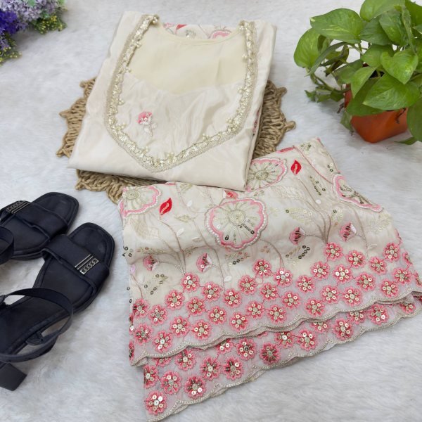 Sophisticated White Festive Wear HO Silk Co Ord Set with Bell Sleeves and Pant Ready To Wear Collection