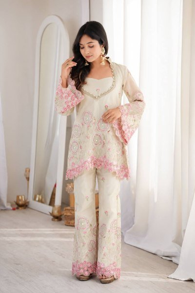 Sophisticated White Festive Wear HO Silk Co Ord Set with Bell Sleeves and Pant Ready To Wear Collection