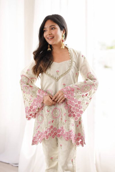 Sophisticated White Festive Wear HO Silk Co Ord Set with Bell Sleeves and Pant Ready To Wear Collection