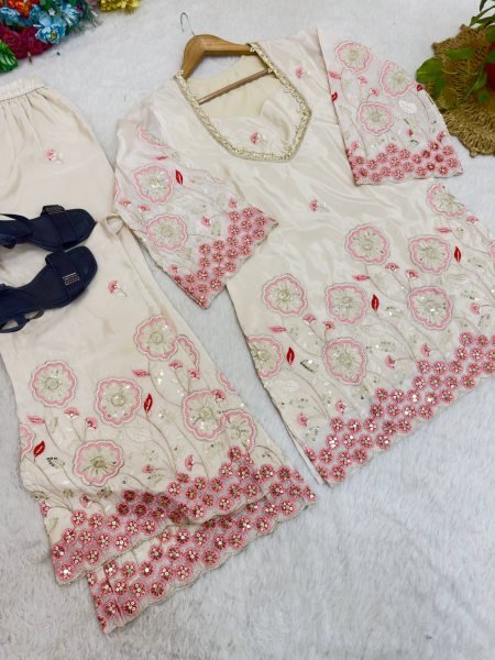 Sophisticated White Festive Wear HO Silk Co Ord Set with Bell Sleeves and Pant Ready To Wear Collection
