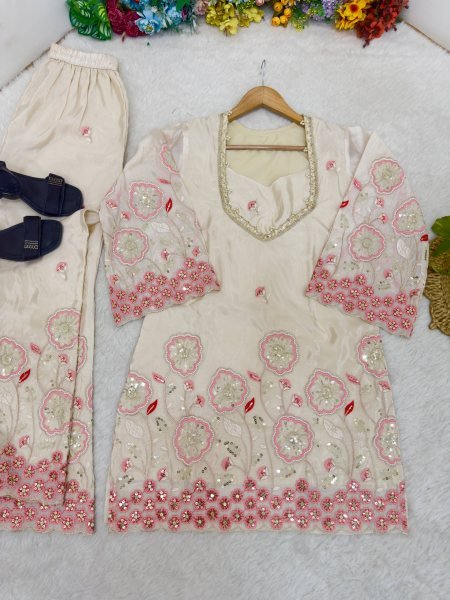 Sophisticated White Festive Wear HO Silk Co Ord Set with Bell Sleeves and Pant Ready To Wear Collection