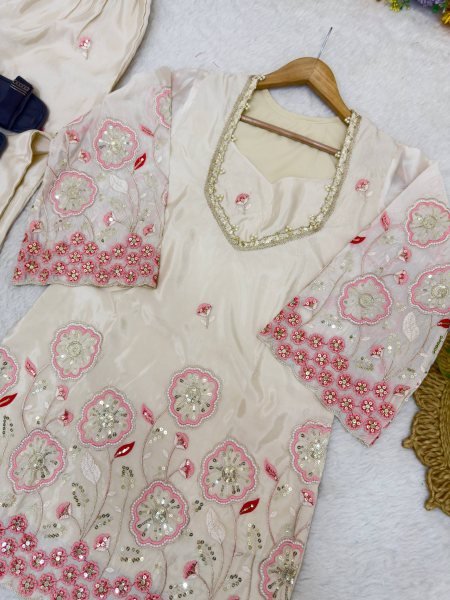 Sophisticated White Festive Wear HO Silk Co Ord Set with Bell Sleeves and Pant Ready To Wear Collection