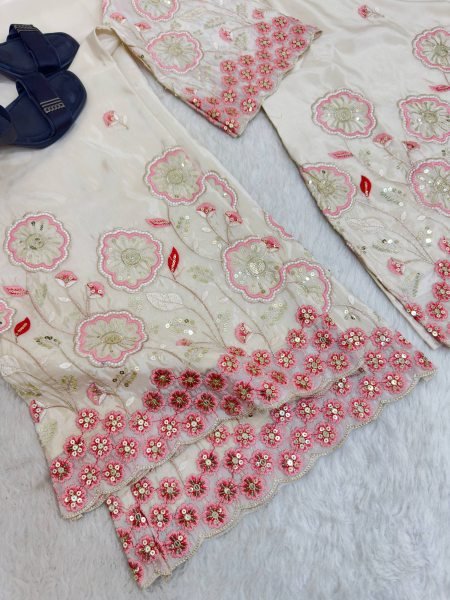 Sophisticated White Festive Wear HO Silk Co Ord Set with Bell Sleeves and Pant Ready To Wear Collection