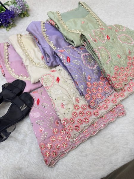 Sophisticated White Festive Wear HO Silk Co Ord Set with Bell Sleeves and Pant Ready To Wear Collection