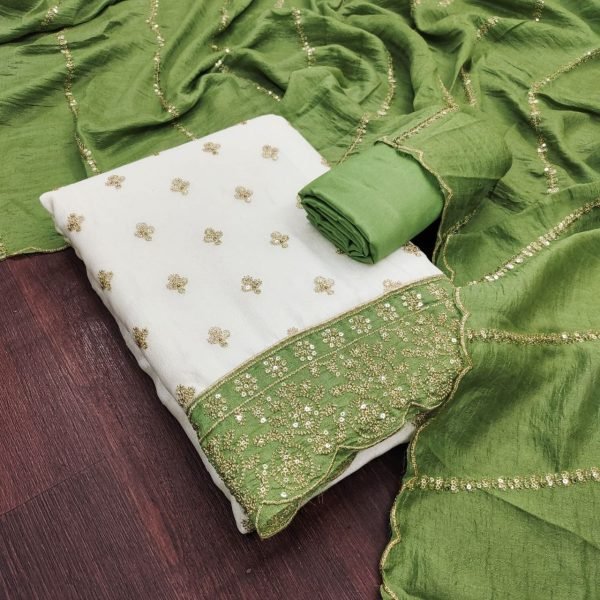 Sophisticated White Green Party Wear Vichitra Silk Salwar Kameez with Sequence Work Dupatta Color Set Matching Dress Material Wholesale