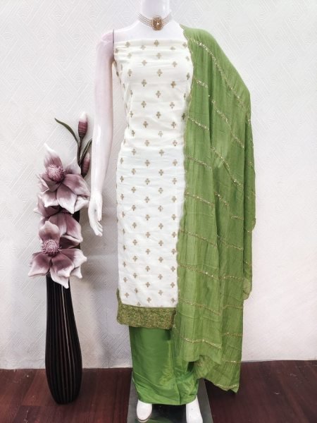 Sophisticated White Green Party Wear Vichitra Silk Salwar Kameez with Sequence Work Dupatta Color Set Matching Dress Material Wholesale