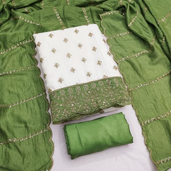 Sophisticated White Green Party Wear Vichitra Silk Salwar Kameez with Sequence Work Dupatta Color Set Matching Dress Material Wholesale