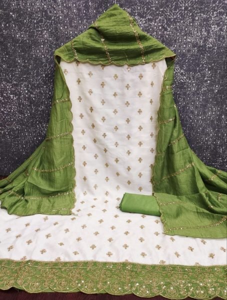 Sophisticated White Green Party Wear Vichitra Silk Salwar Kameez with Sequence Work Dupatta Color Set Matching Dress Material Wholesale