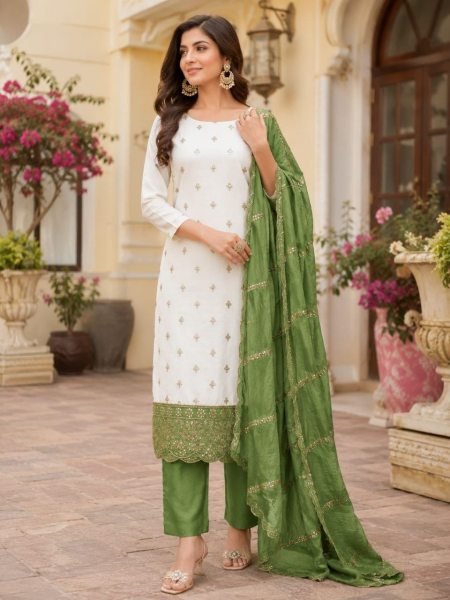 Sophisticated White Green Party Wear Vichitra Silk Salwar Kameez with Sequence Work Dupatta Color Set Matching Dress Material Wholesale