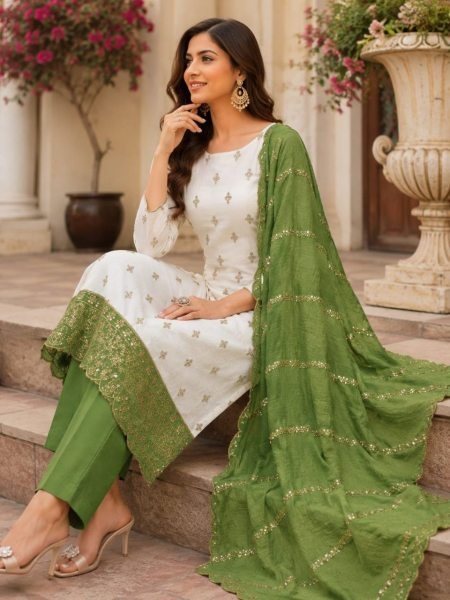 Sophisticated White Green Party Wear Vichitra Silk Salwar Kameez with Sequence Work Dupatta Color Set Matching Dress Material Wholesale