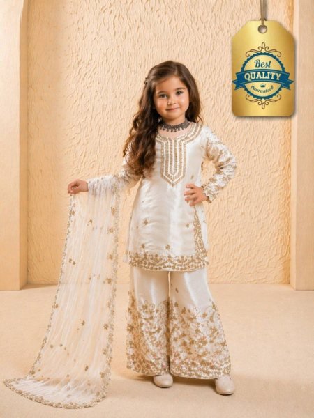 Sophisticated White Kids Party Wear Sharara Set with Sequins Embroidery Kurtis