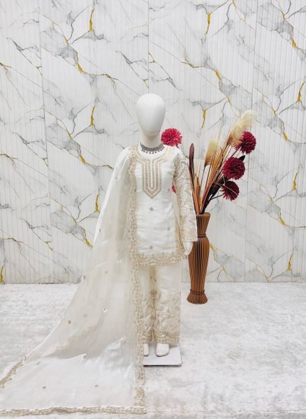 Sophisticated White Kids Party Wear Sharara Set with Sequins Embroidery Girls Wear