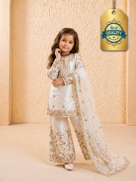 Sophisticated White Kids Party Wear Sharara Set with Sequins Embroidery Girls Wear