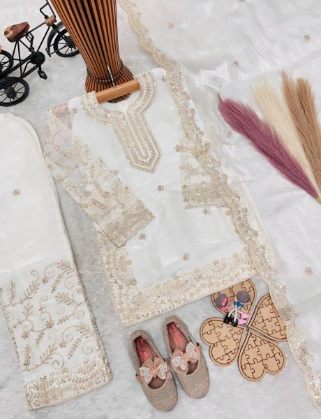 Sophisticated White Kids Party Wear Sharara Set with Sequins Embroidery Girls Wear