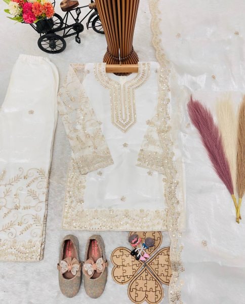 Sophisticated White Kids Party Wear Sharara Set with Sequins Embroidery Girls Wear