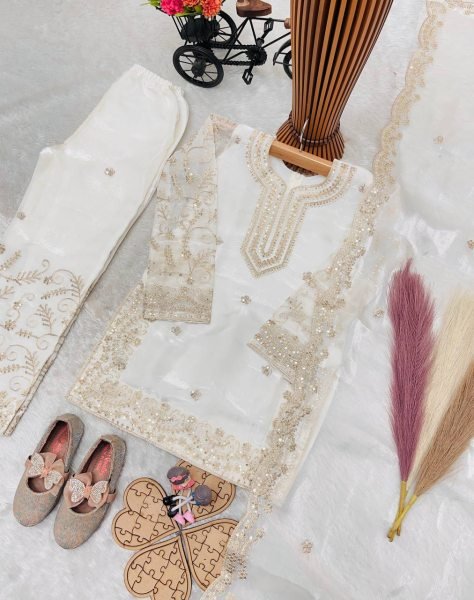 Sophisticated White Kids Party Wear Sharara Set with Sequins Embroidery Girls Wear