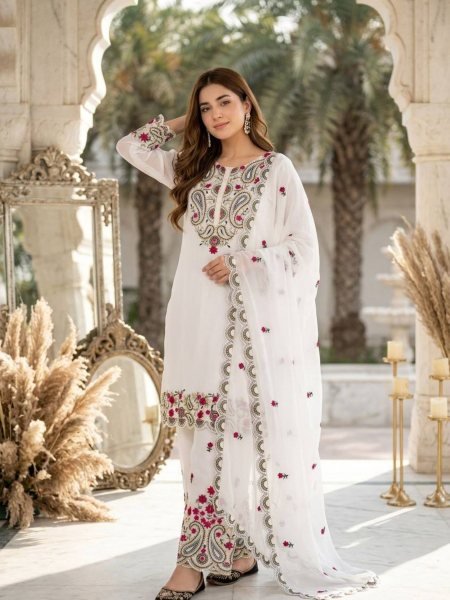 Sophisticated White Roman Silk Suits Set with Embroidery Work And Fancy Cut Work Ready To Wear Collection