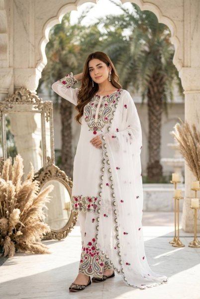 Sophisticated White Roman Silk Suits Set with Embroidery Work And Fancy Cut Work Ready To Wear Collection