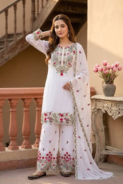 Sophisticated White Roman Silk Suits Set with Embroidery Work And Fancy Cut Work Ready To Wear Collection