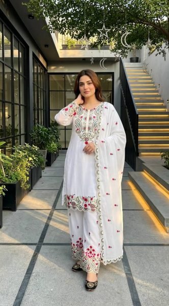 Sophisticated White Roman Silk Suits Set with Embroidery Work And Fancy Cut Work Ready To Wear Collection