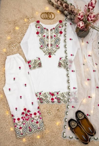 Sophisticated White Roman Silk Suits Set with Embroidery Work And Fancy Cut Work Ready To Wear Collection