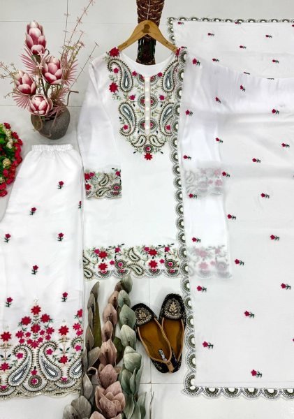 Sophisticated White Roman Silk Suits Set with Embroidery Work And Fancy Cut Work Ready To Wear Collection
