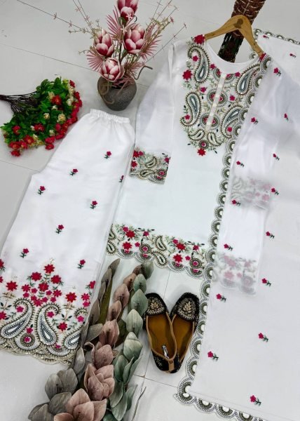 Sophisticated White Roman Silk Suits Set with Embroidery Work And Fancy Cut Work Ready To Wear Collection