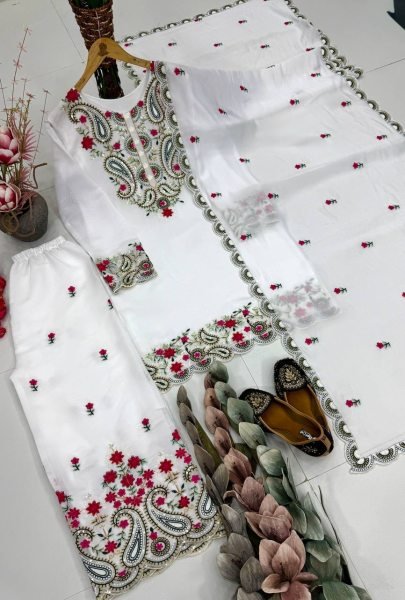 Sophisticated White Roman Silk Suits Set with Embroidery Work And Fancy Cut Work Ready To Wear Collection