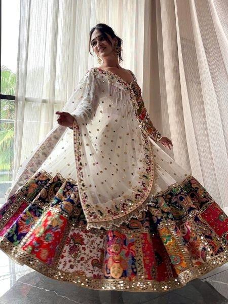 Sophisticated White Semi Stitched Malai Satin Silk Lehenga with Real Mirror Work  Lehenga