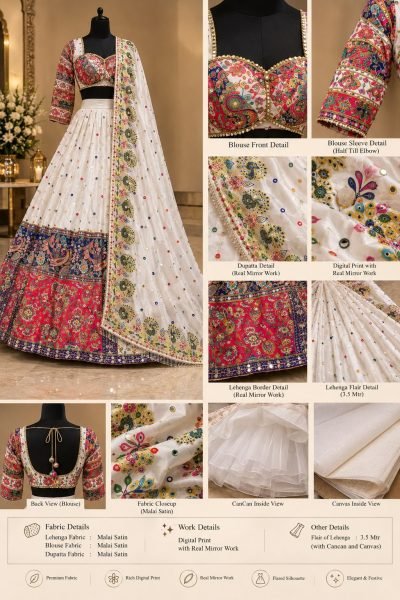 Sophisticated White Semi Stitched Malai Satin Silk Lehenga with Real Mirror Work Navratri Lehnega Choli