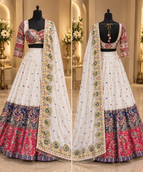Sophisticated White Semi Stitched Malai Satin Silk Lehenga with Real Mirror Work Navratri Lehnega Choli