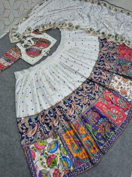 Sophisticated White Semi Stitched Malai Satin Silk Lehenga with Real Mirror Work Navratri Lehnega Choli