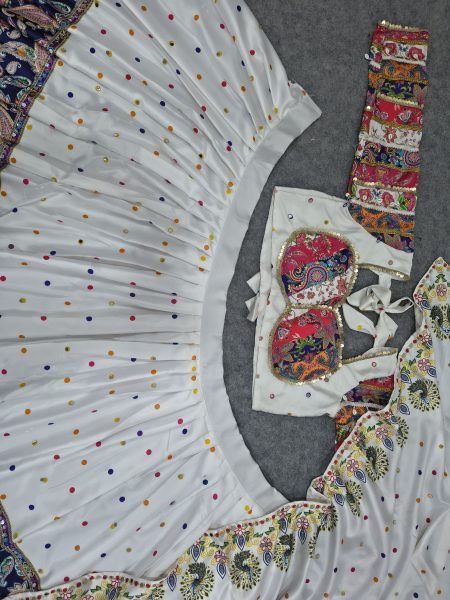Sophisticated White Semi Stitched Malai Satin Silk Lehenga with Real Mirror Work Navratri Lehnega Choli