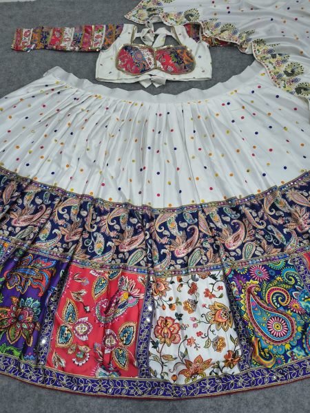 Sophisticated White Semi Stitched Malai Satin Silk Lehenga with Real Mirror Work Navratri Lehnega Choli