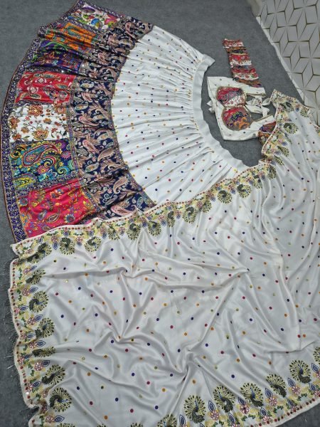 Sophisticated White Semi Stitched Malai Satin Silk Lehenga with Real Mirror Work Navratri Lehnega Choli
